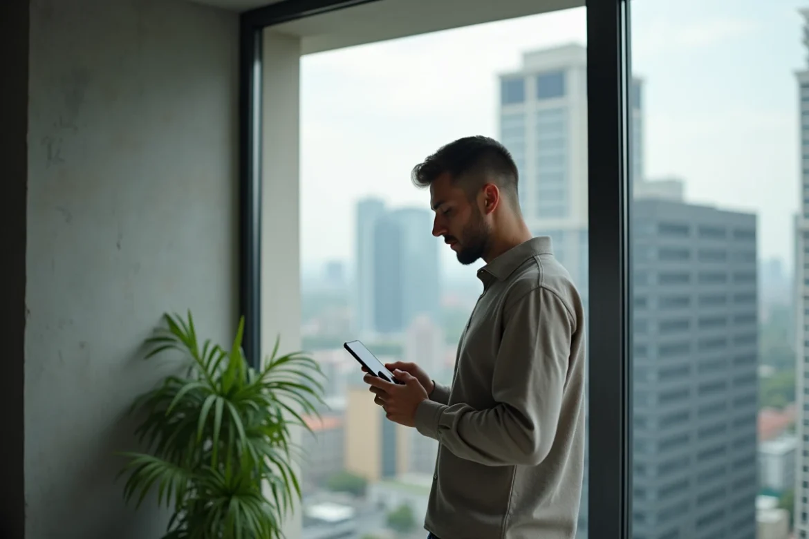 Homme consultant une application d'annonces immobilières sur smartphone devant une fenêtre urbaine