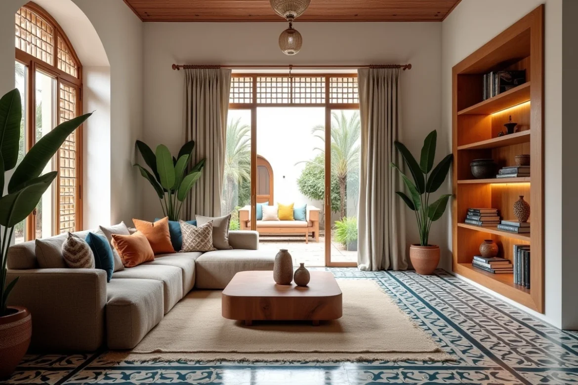 Intérieur d'un appartement moderne de style marocain à Marrakech avec décoration traditionnelle zellige et bois de cèdre sculpté