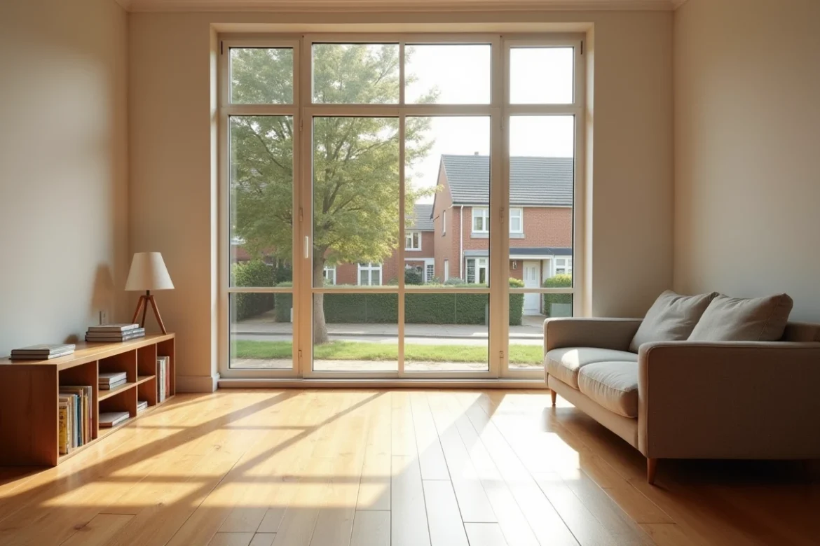 Intérieur lumineux d'une maison familiale à louer au Havre avec vue sur un quartier résidentiel
