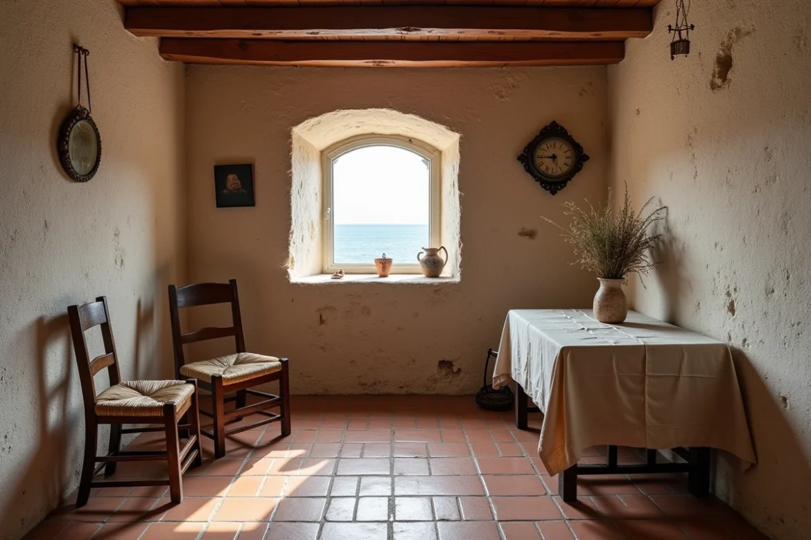 Intérieur authentique d'une maison de pêcheur méditerranéenne avec murs en pierre et vue mer