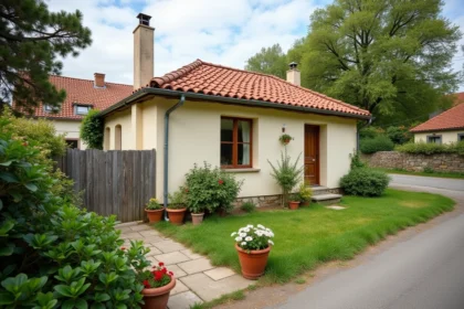 Maison individuelle modeste avec jardin en location dans une ville provinciale française, façade crépi clair et tuiles en terre cuite