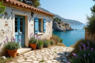 Maison de pêcheur en pierre à vendre sur la côte méditerranéenne avec volets bleus et vue sur la mer