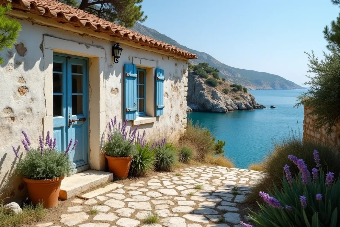 Maison de pêcheur en pierre à vendre sur la côte méditerranéenne avec volets bleus et vue sur la mer