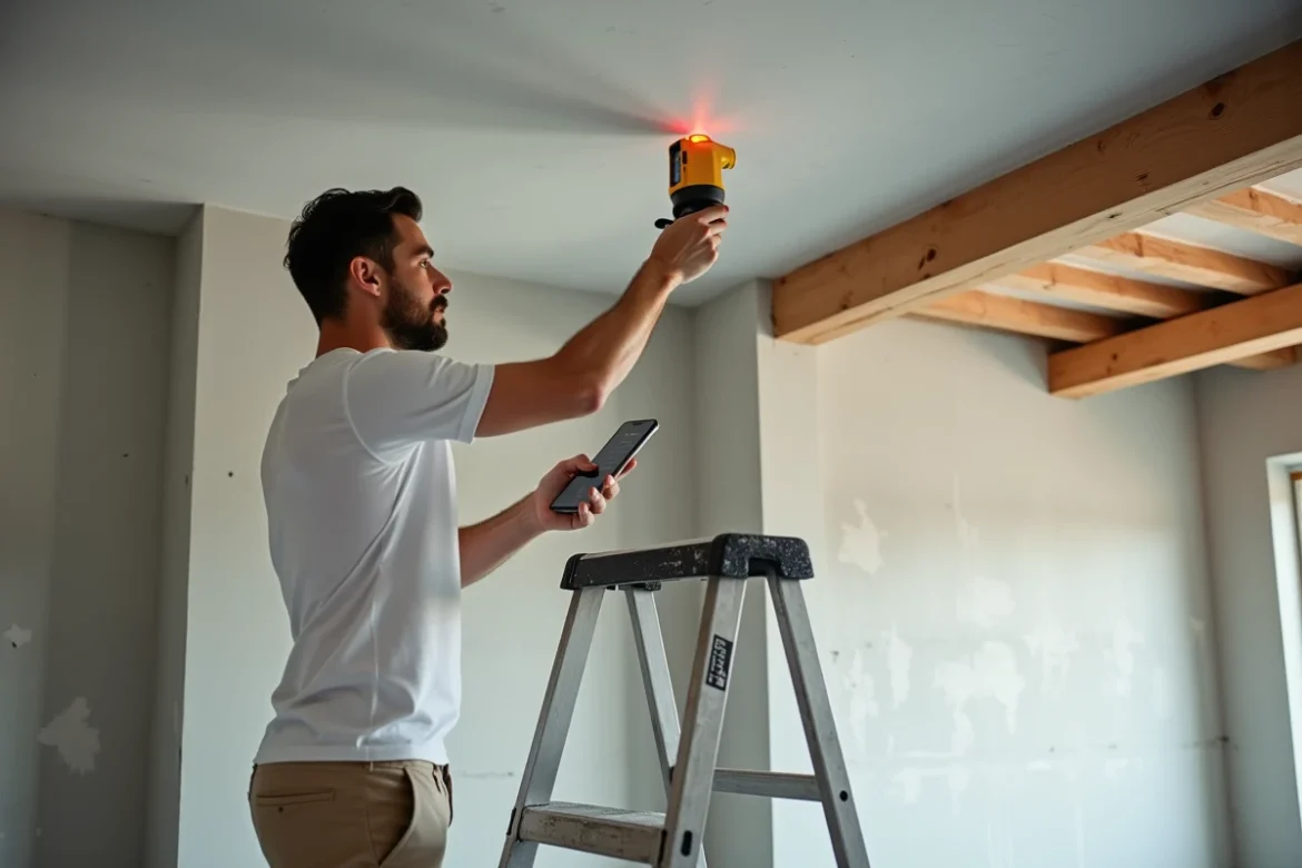 Homme sur un escabeau mesurant la hauteur de plafond avec un télémètre laser dans une cuisine en rénovation