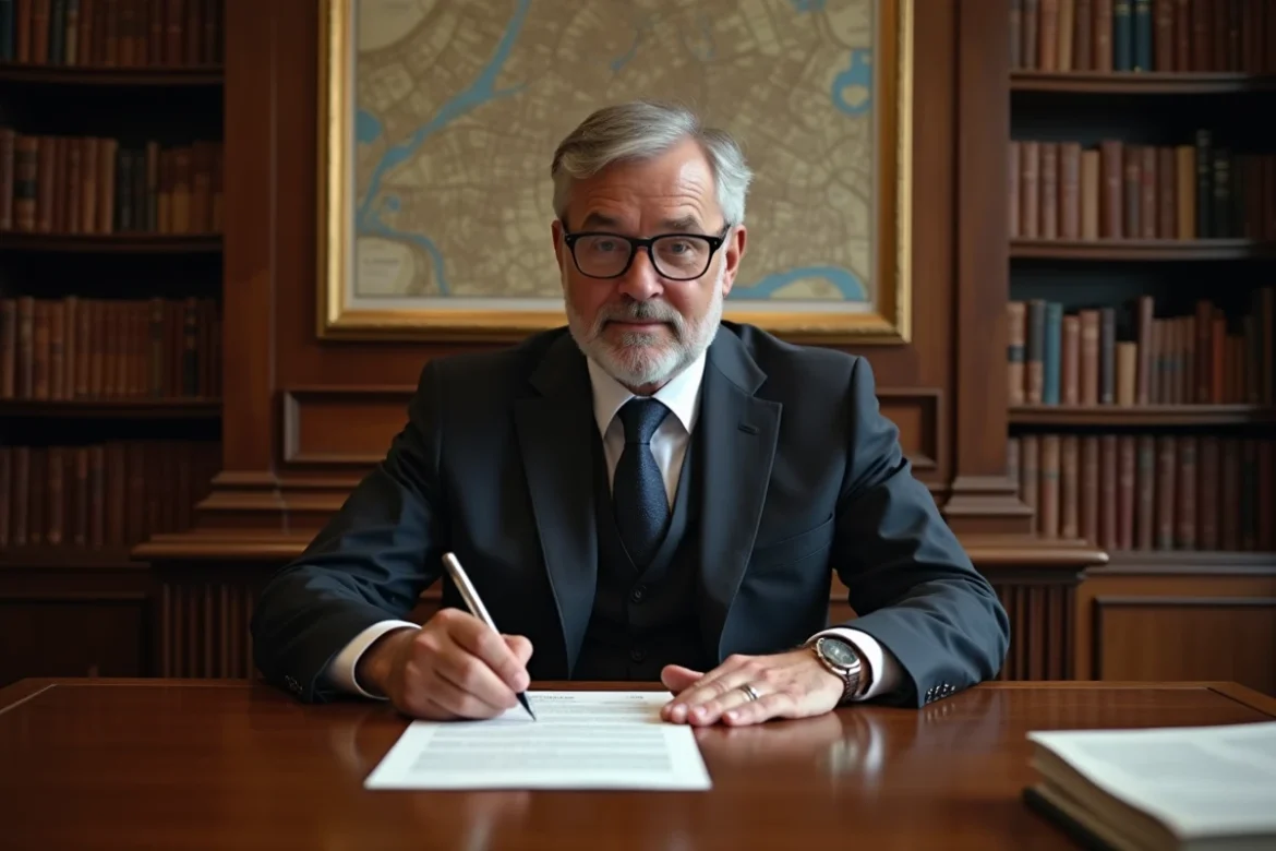 Notaire parisien signant un acte de vente immobilière dans un bureau traditionnel avec bibliothèque juridique