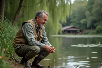 Pêcheur au bord d'un étang privé en vente entre particuliers, inspectant sa ligne de pêche au milieu des roseaux et des saules
