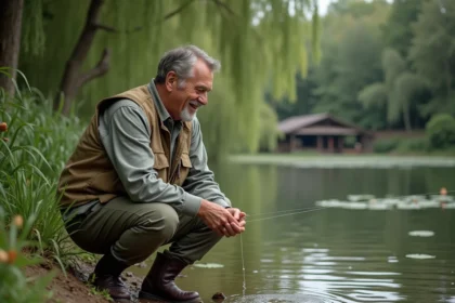 Pêcheur au bord d'un étang privé en vente entre particuliers, inspectant sa ligne de pêche au milieu des roseaux et des saules
