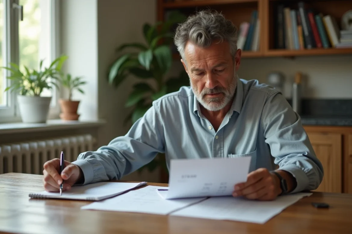 Petit bailleur examinant des documents de gestion locative à son bureau à domicile