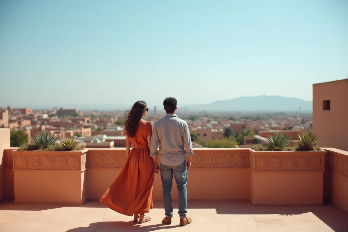 Couple visitant une terrasse de riad à Marrakech avec vue panoramique sur les toits et l'Atlas pour un achat immobilier
