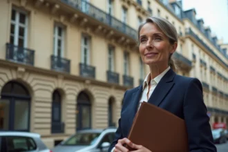 Femme agent immobilier devant un immeuble haussmannien à Paris tenant des documents de vente