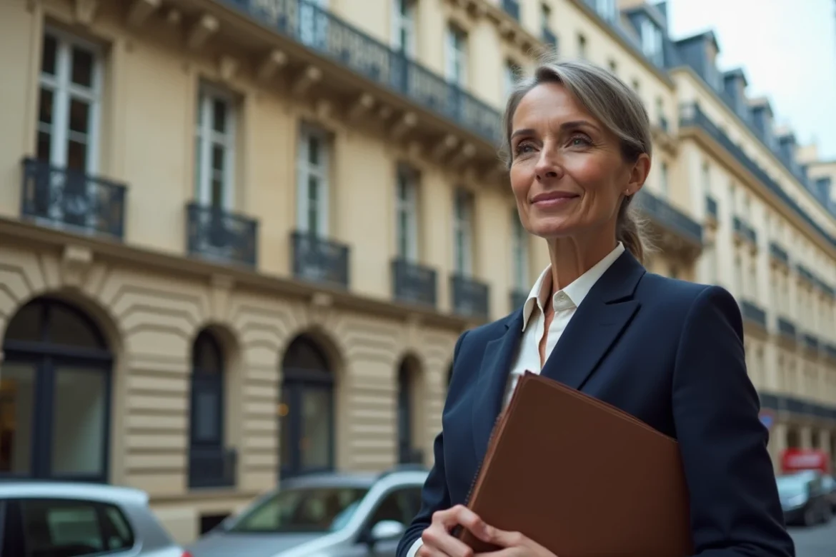 Femme agent immobilier devant un immeuble haussmannien à Paris tenant des documents de vente