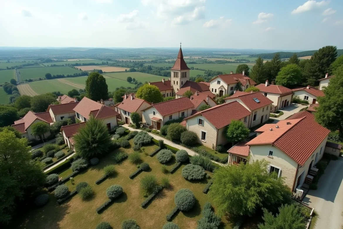 Vue panoramique d'un village rural français avec maisons et jardins représentant les secteurs abordables pour une location à 600 euros