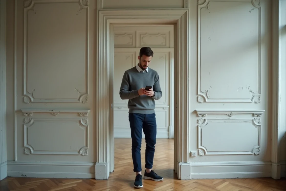 Homme visitant un appartement vide de style Altbau à Berlin avec parquet en chevrons et hauts plafonds