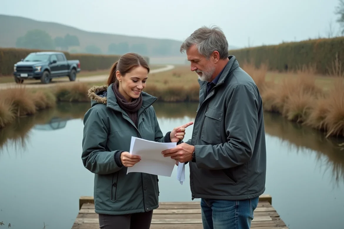 Couple visitant un étang à vendre entre particuliers, consultant des documents immobiliers sur un ponton en bois pour un projet de pêche de loisir
