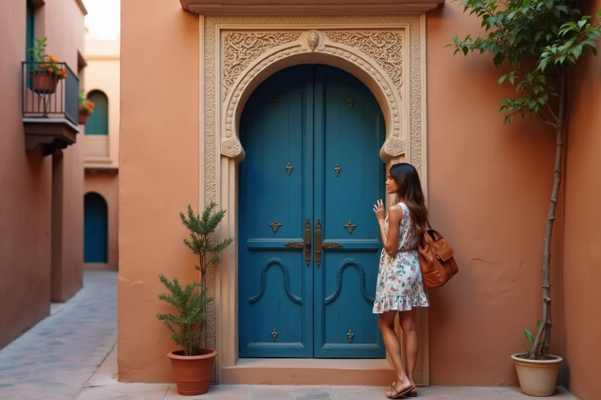 Femme visitant l'entrée d'un riad traditionnel à Marrakech lors d'une visite immobilière dans la médina