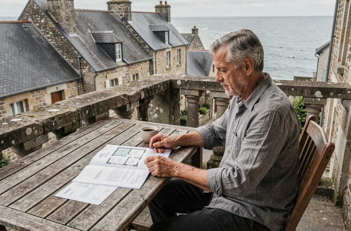 Acheteur immobilier analysant des documents sur une terrasse avec vue mer partielle entre les toits d'un village côtier