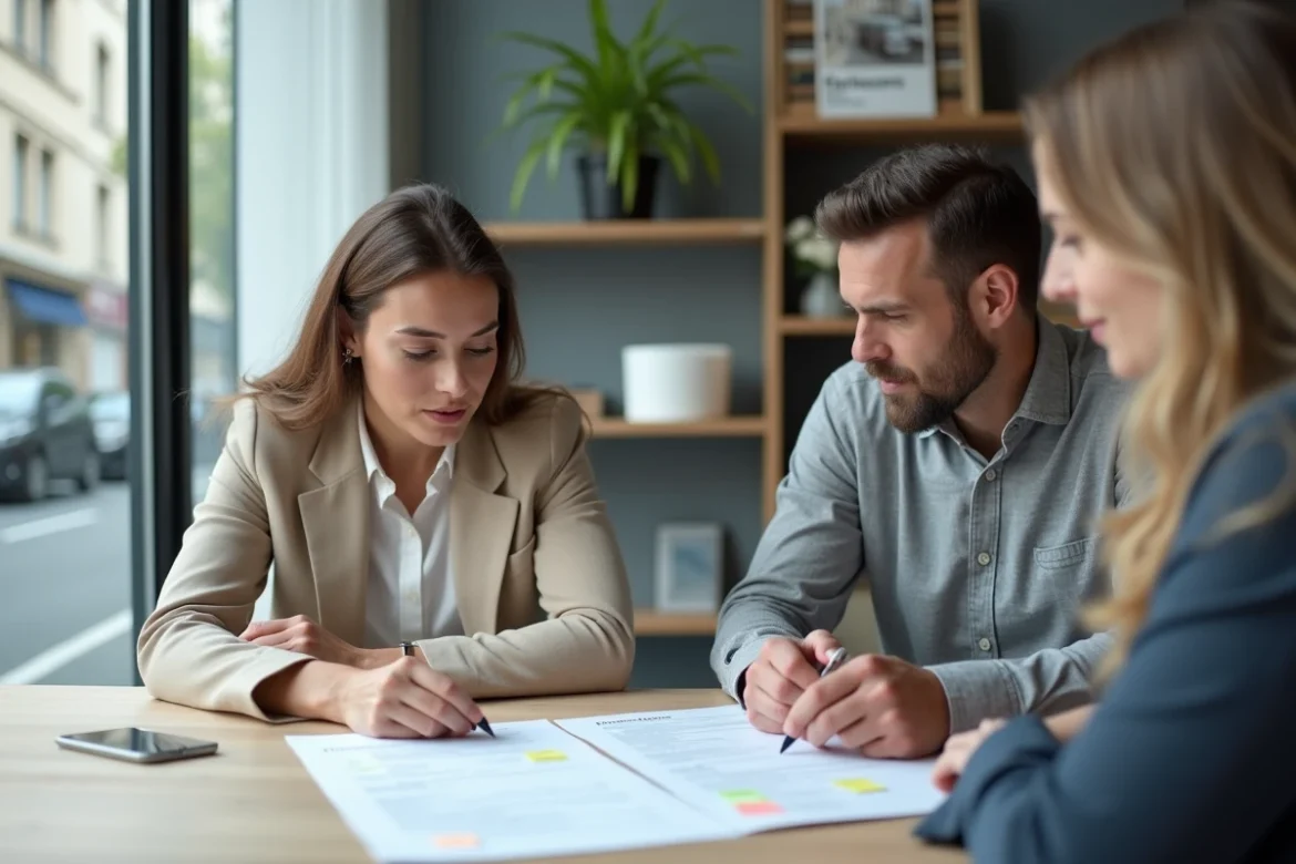 Couple d'acheteurs immobiliers étudiant attentivement un contrat de vente avec check-list pour sécuriser leur acquisition