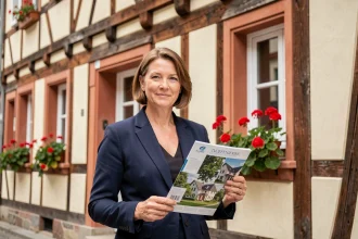 Agent immobilier féminine devant une maison à colombages alsacienne à Colmar, tenant une brochure immobilière