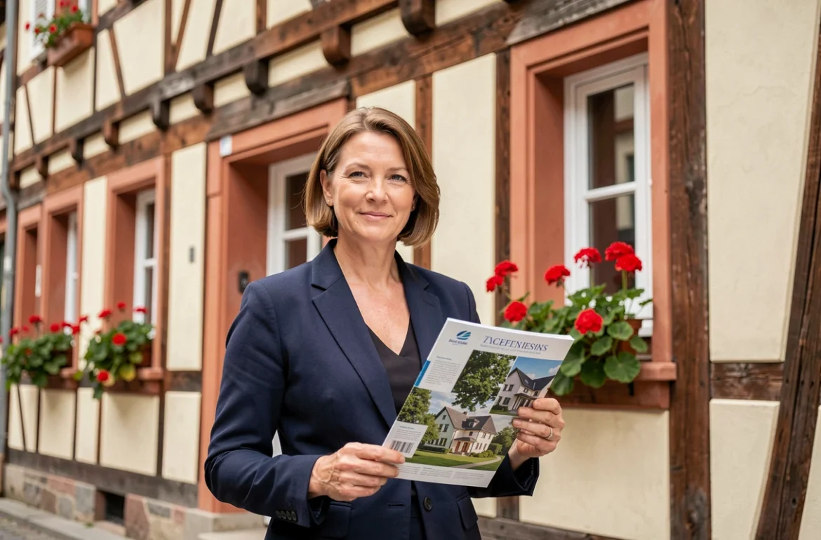 Agent immobilier féminine devant une maison à colombages alsacienne à Colmar, tenant une brochure immobilière