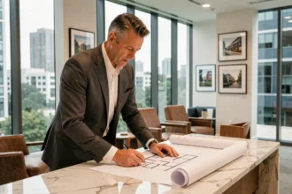 Agent immobilier de prestige examinant des plans architecturaux dans un bureau luxueux avec vue sur la ville