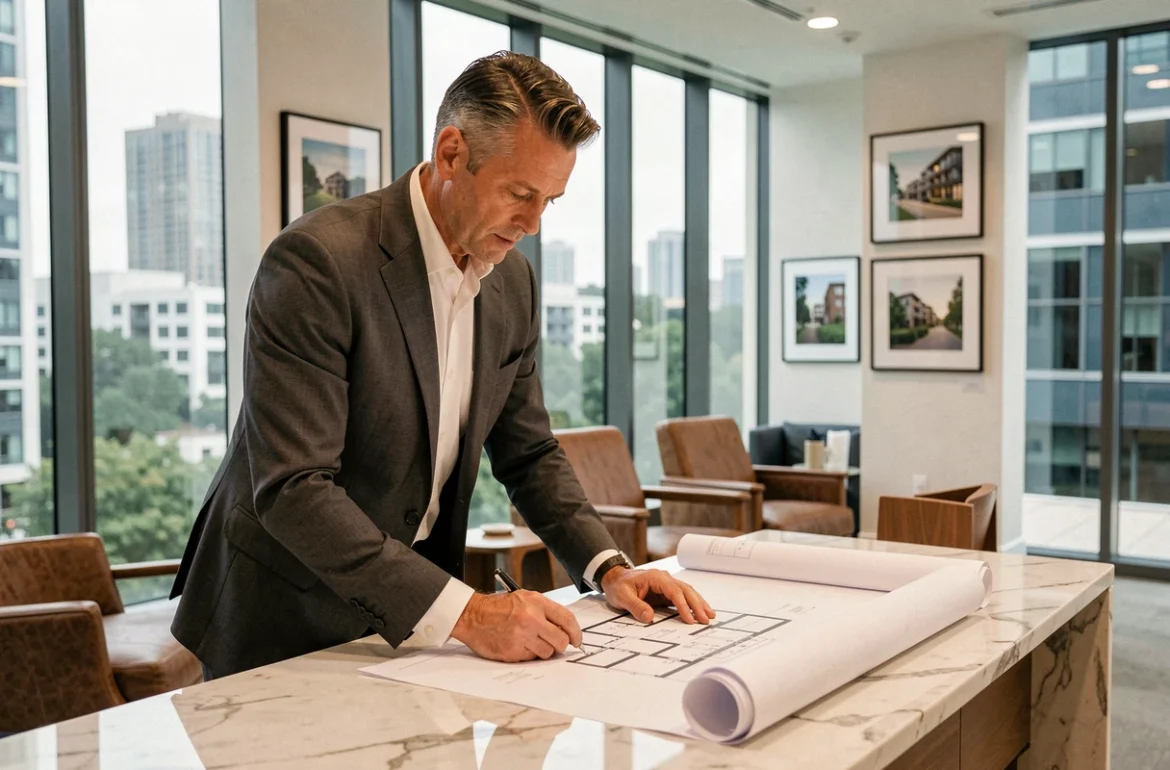 Agent immobilier de prestige examinant des plans architecturaux dans un bureau luxueux avec vue sur la ville