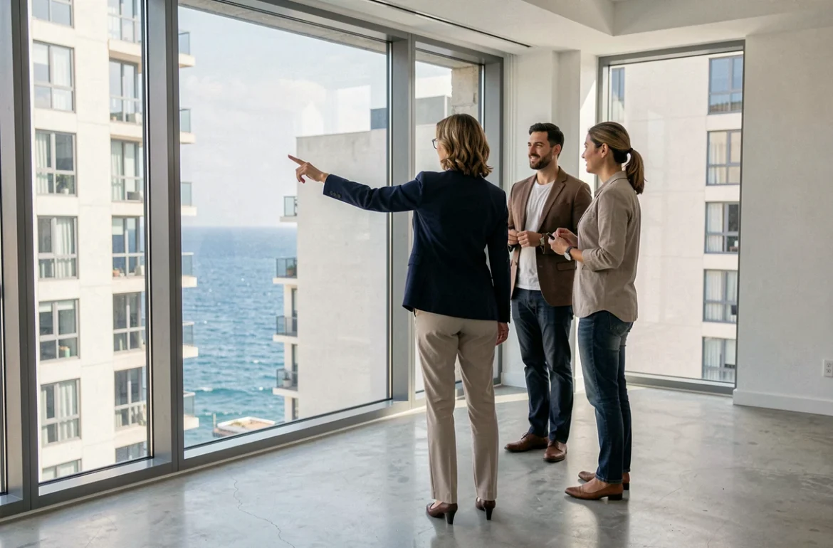 Agent immobilier présentant une vue mer partielle depuis la fenêtre d'un appartement moderne à des acheteurs potentiels