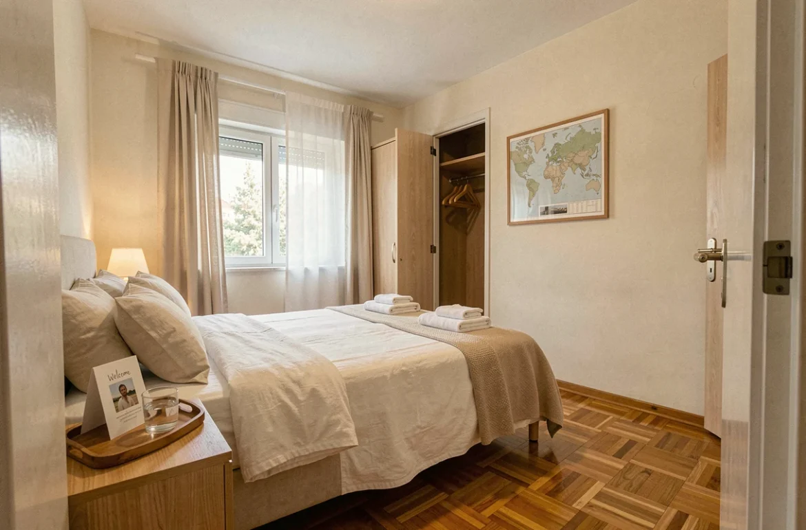 Chambre d'hôte privée soigneusement préparée pour accueillir un locataire occasionnel avec serviettes et mot de bienvenue