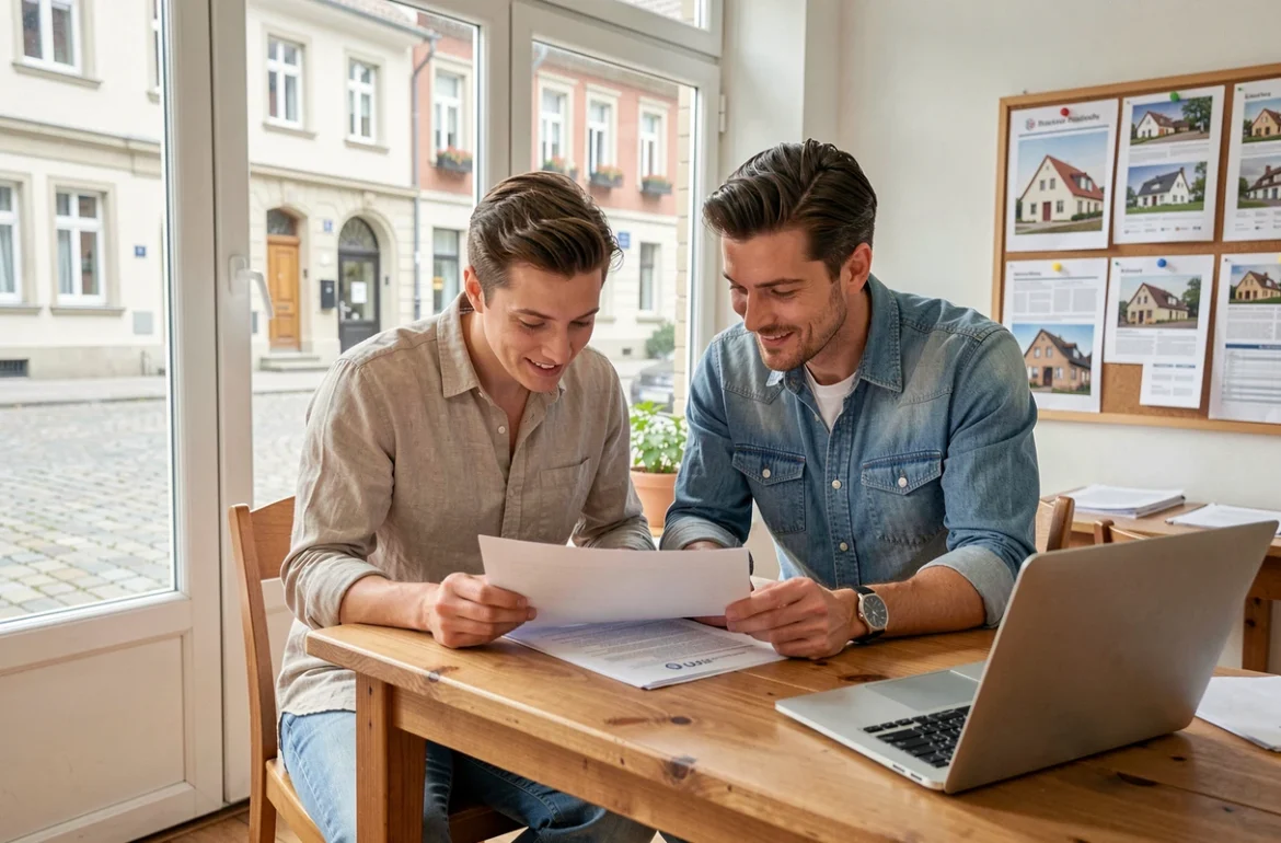 Couple comparant des offres immobilières dans une agence à Colmar avec des annonces en arrière-plan