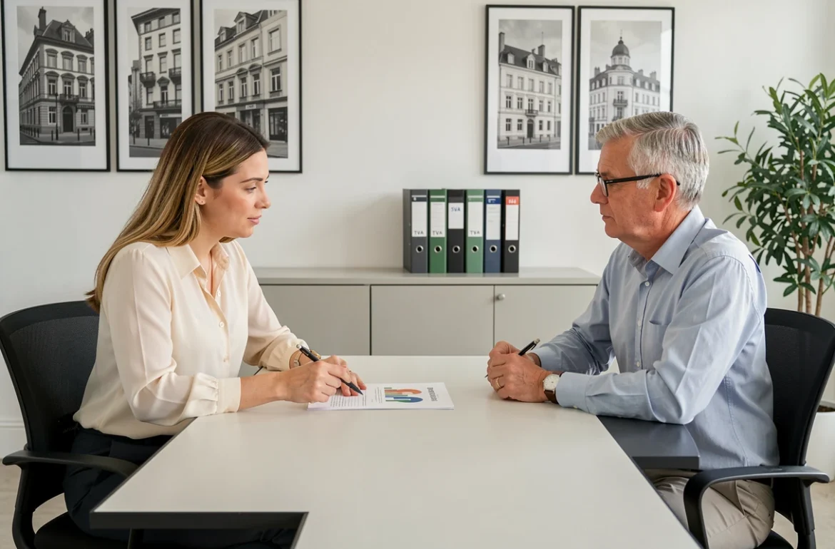 Comptable expliquant la stratégie d'optimisation de la TVA à un marchand de biens lors d'une consultation professionnelle