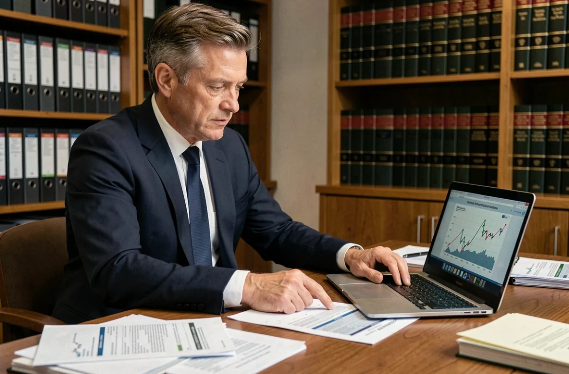 Conseiller fiscal en costume marine montrant un rapport d'imposition sur un bureau encombré de documents fiscaux et d'un ordinateur portable