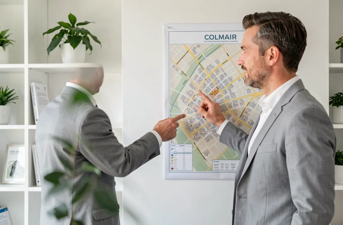 Conseiller immobilier expliquant une carte de quartier à Colmar dans une agence moderne