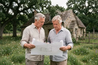 Couple examinant des plans de construction devant une maison en pierre en zone naturelle protégée