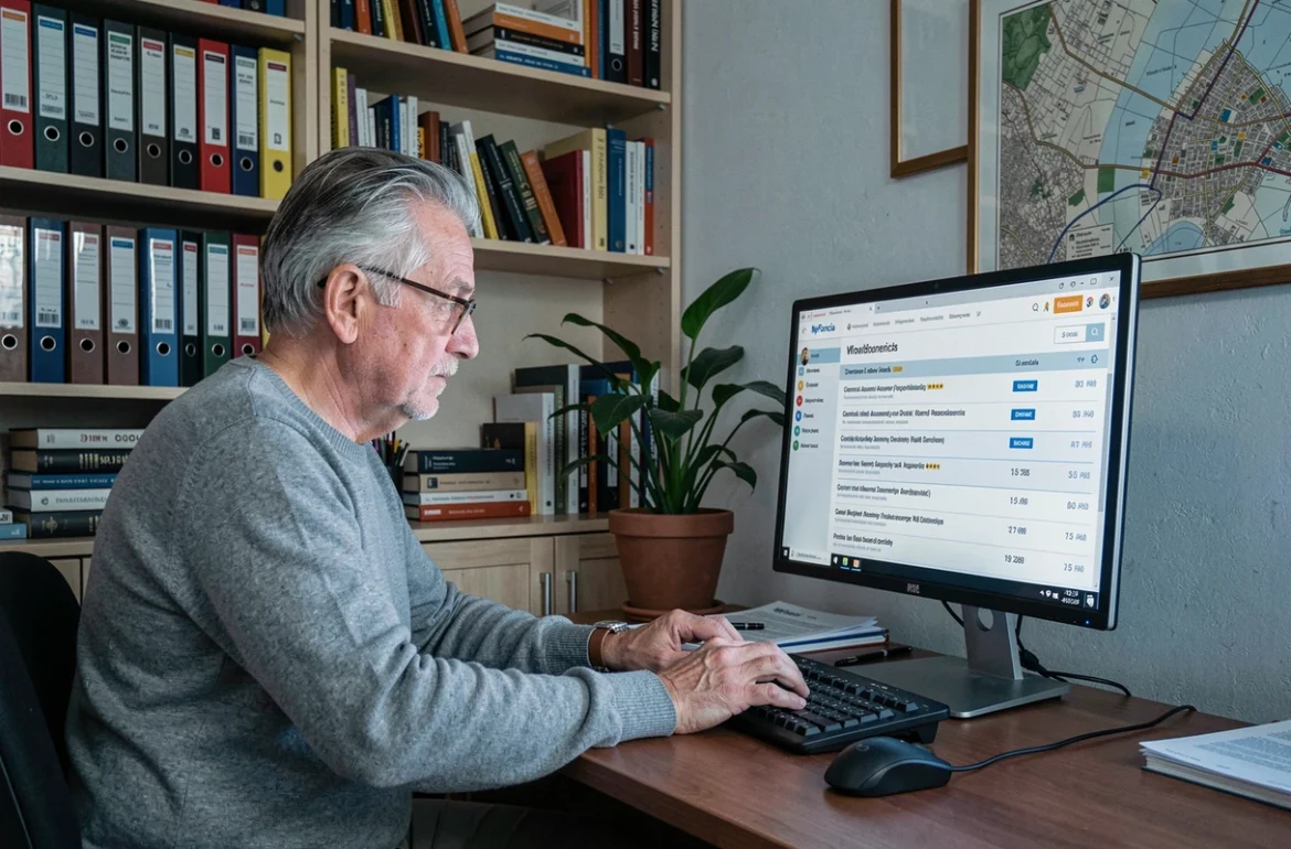 Copropriétaire consultant l'historique des assemblées générales sur le portail MyFoncia depuis son bureau à domicile