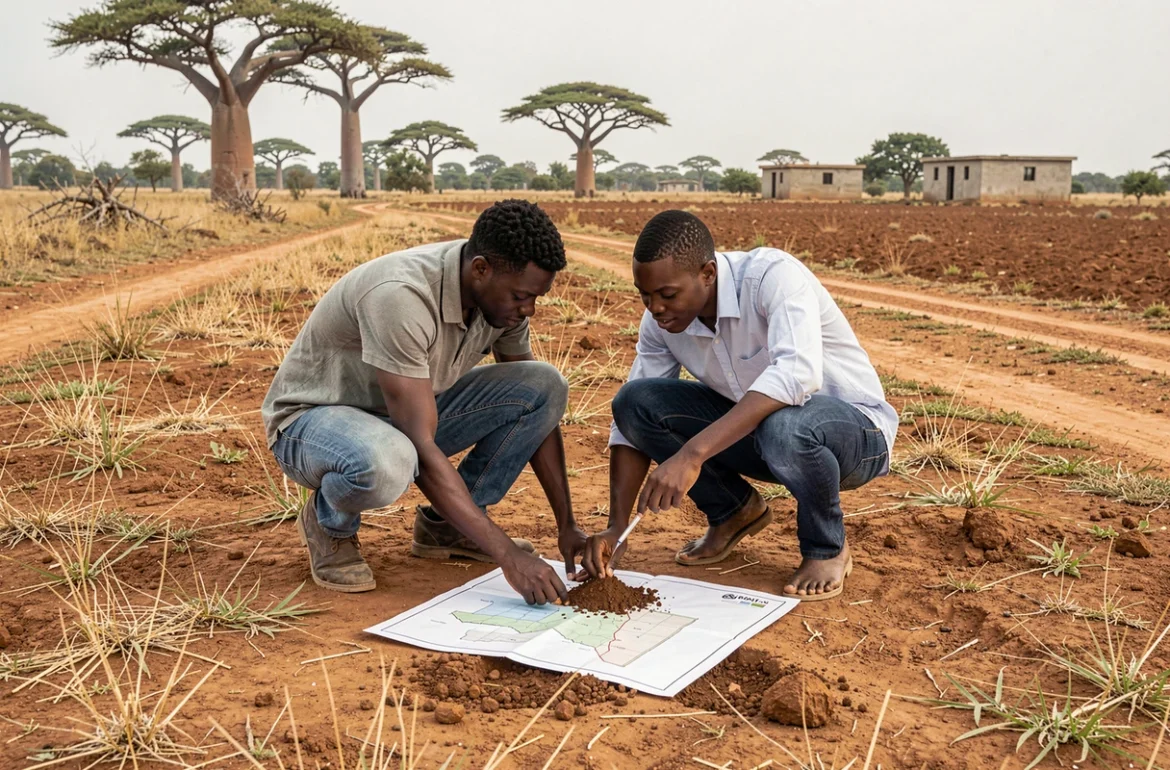 Couple sénégalais examinant les caractéristiques d'un terrain à bâtir au Sénégal avec un plan cadastral posé au sol