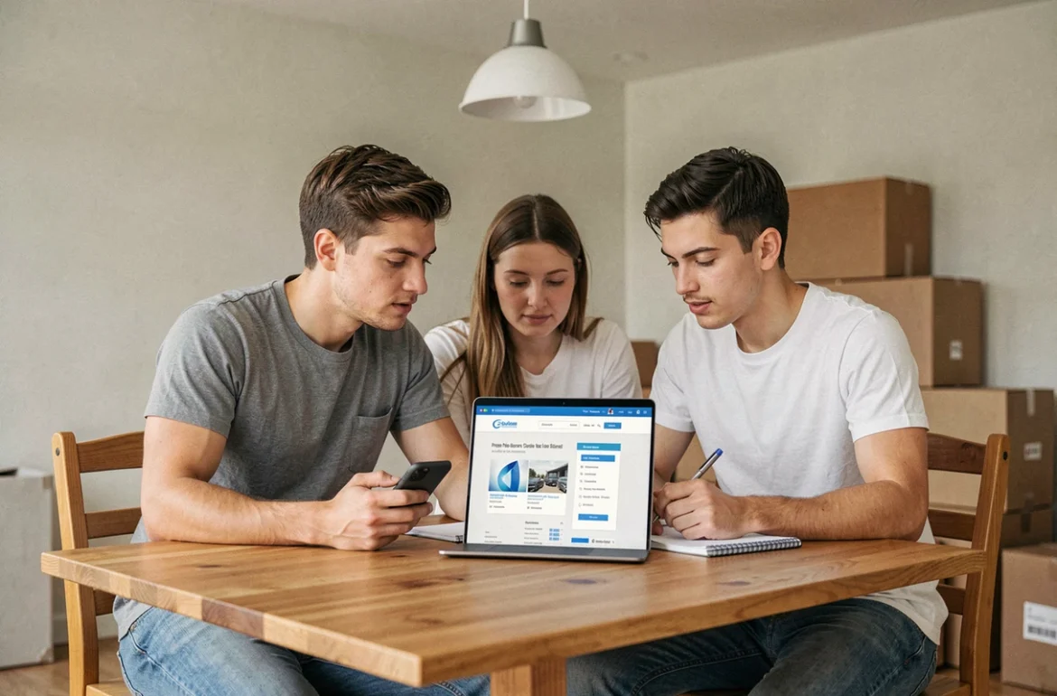 Couple dans un appartement vide comparant les offres de contrat EDF sur ordinateur