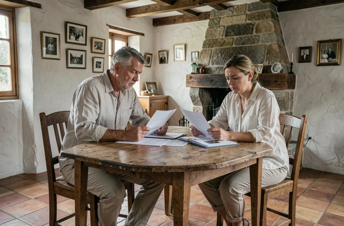 Couple examinant des documents immobiliers autour d'une table en chêne dans une vieille maison familiale héritée, discutant de la conservation comme résidence secondaire