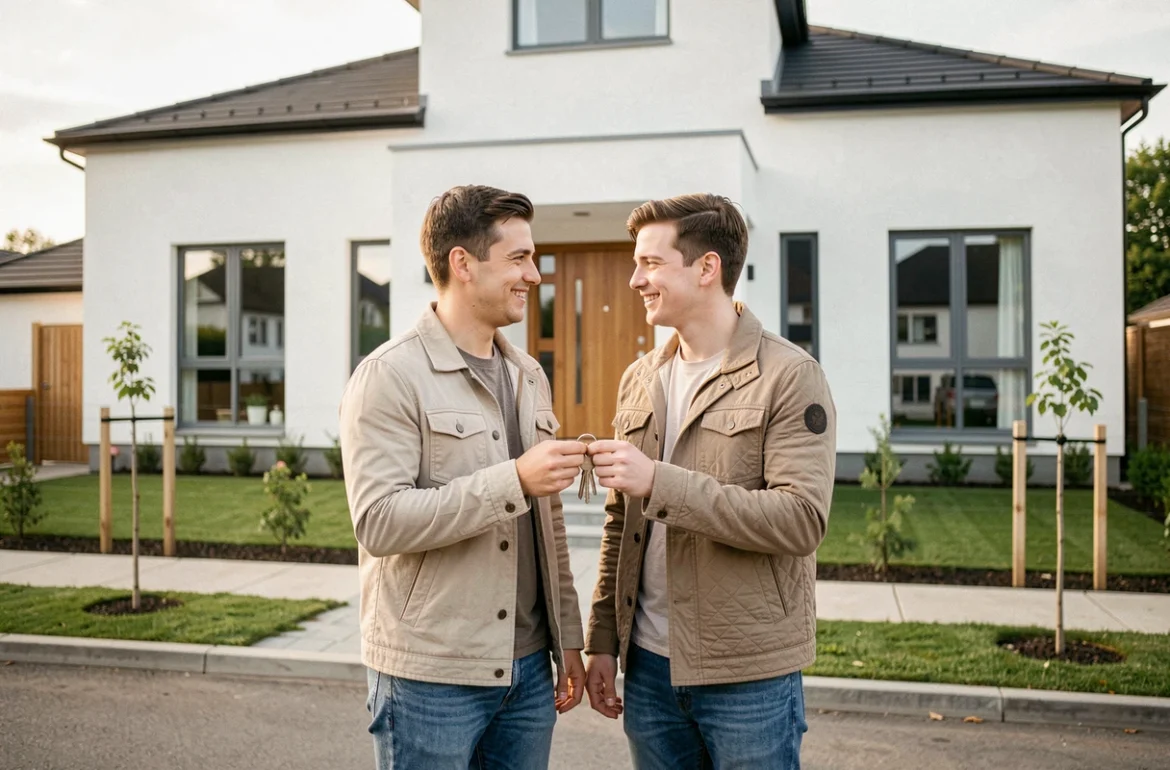 Jeune couple devant leur maison neuve après signature chez le notaire et paiement des frais d'acquisition