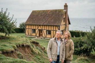 Couple devant une maison normande à colombages avec vue mer et terrain en pente exposé aux risques de recul du littoral
