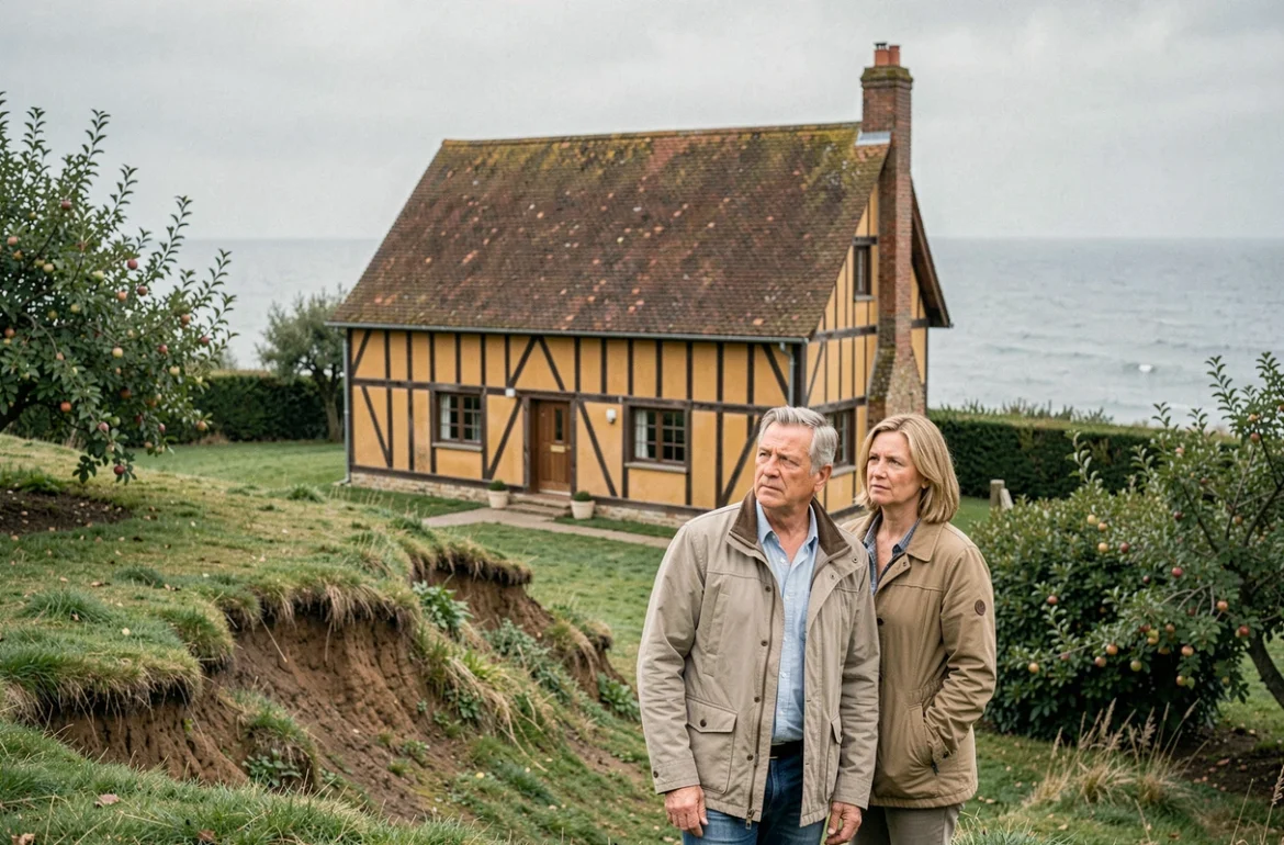Couple devant une maison normande à colombages avec vue mer et terrain en pente exposé aux risques de recul du littoral