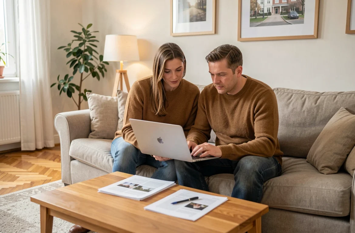 Couple de propriétaires débutants consultant ensemble des informations sur la prop itea fr sur un ordinateur portable