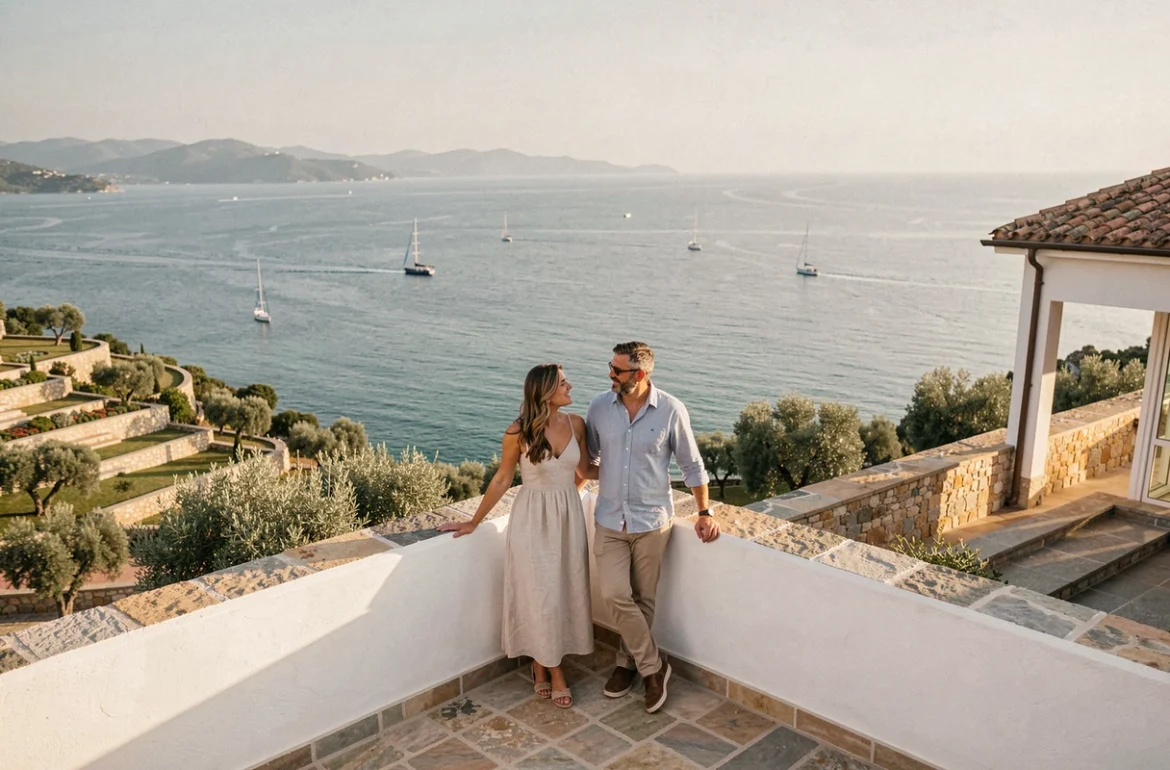 Couple admirant une vue mer panoramique depuis la terrasse d'une maison méditerranéenne en bord de colline