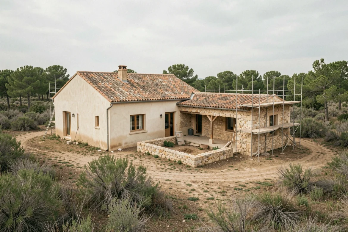 Maison de campagne avec annexe en construction en bordure de zone naturelle protégée et végétation sauvage
