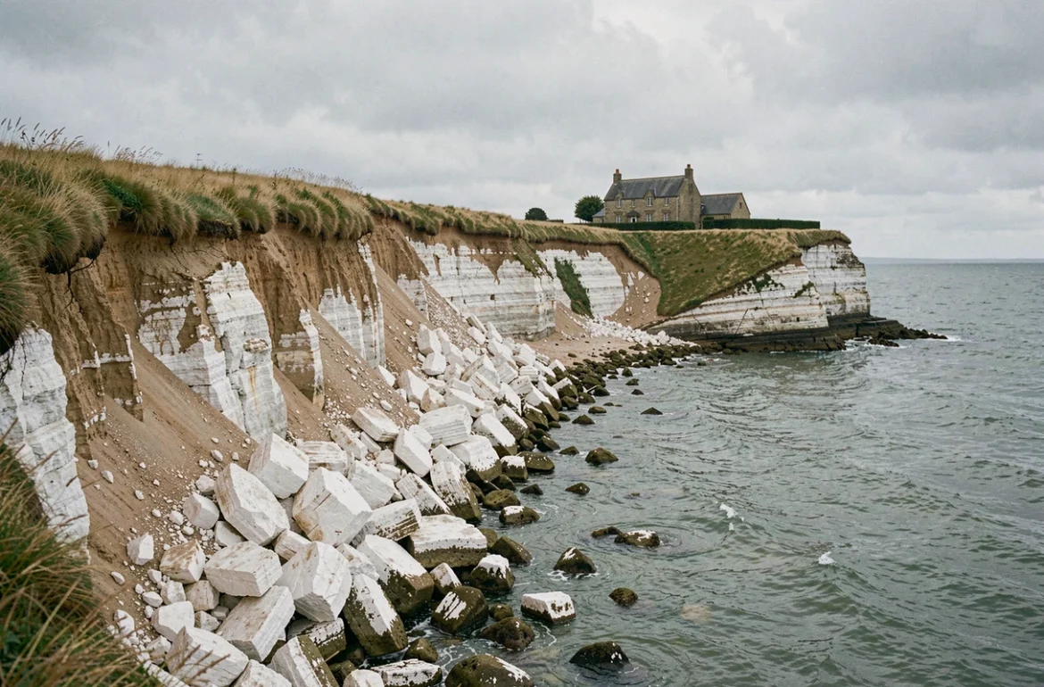 Falaise normande en recul avec érosion visible, maison agricole en retrait de la côte illustrant les risques liés à l'achat immobilier en bord de mer