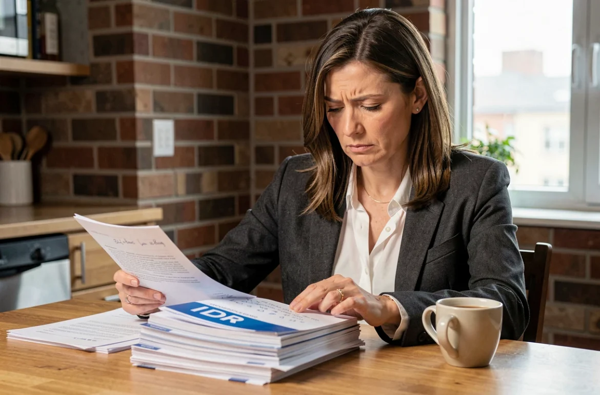 Femme en blazer gris étudiant des brochures d'investissement IDR et des notes manuscrites sur une table de cuisine