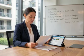 Femme consultant l'historique des décisions d'assemblée générale sur une tablette lors d'une réunion de copropriété