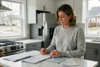 Femme consultant des documents de contrat EDF dans une cuisine moderne