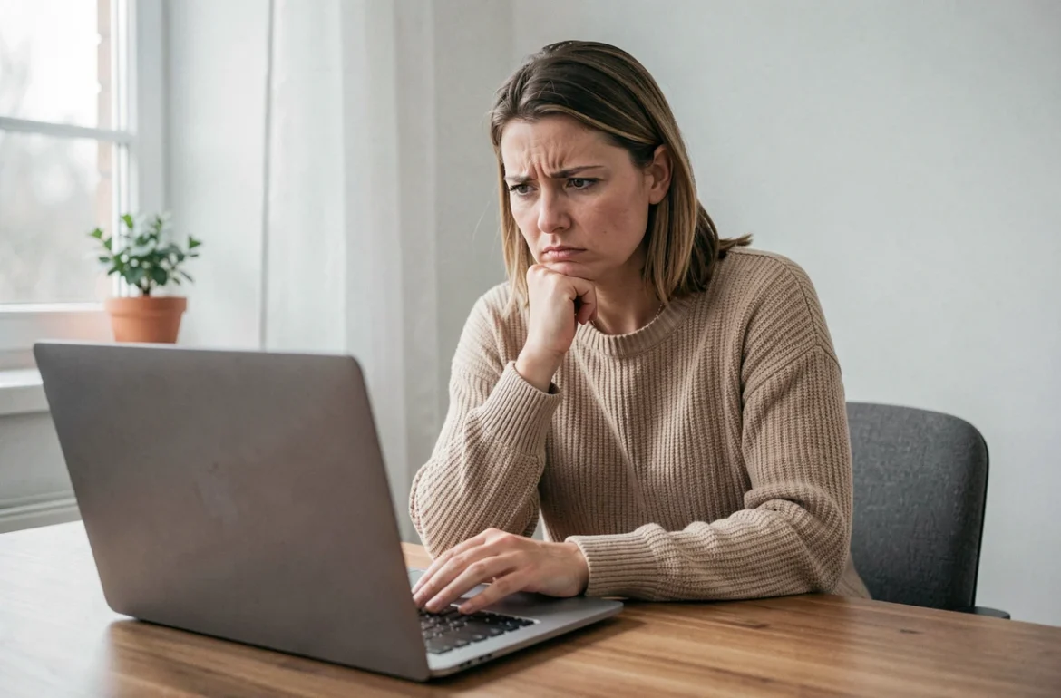 Femme frustrée devant son ordinateur portable sans réponse à ses annonces immobilières locatives