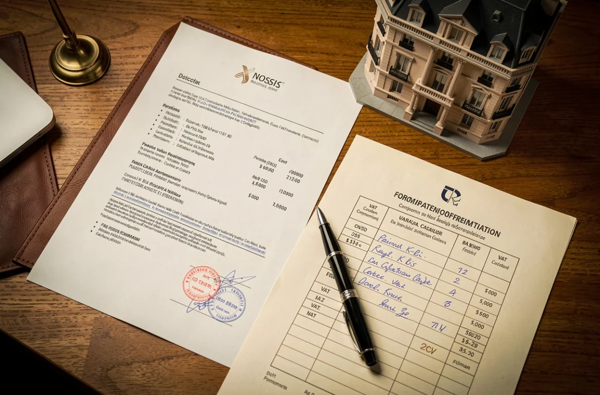 Flat-lay de documents de création de société et calcul de TVA pour un marchand de biens immobilier avec extrait Kbis