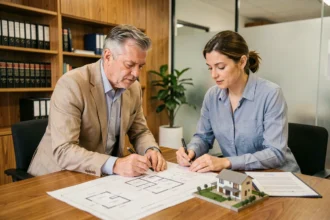 Couple signant des documents notariaux pour l'achat d'un terrain constructible en bureau de notaire