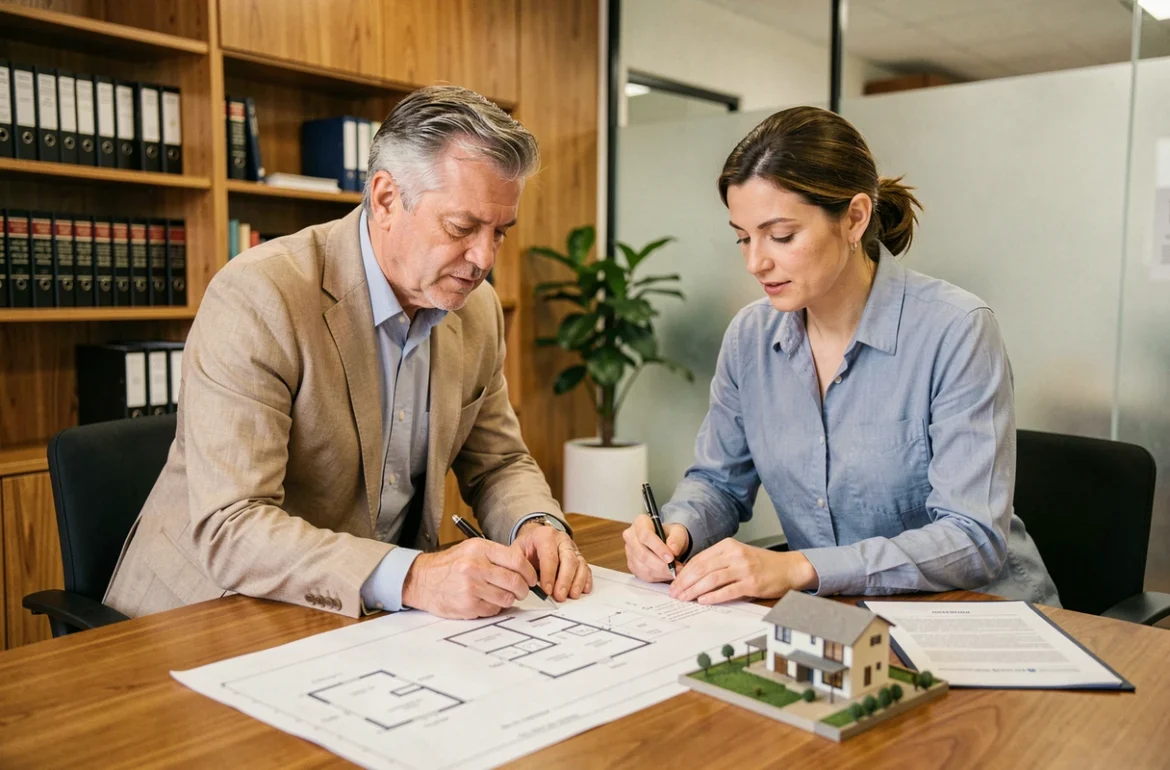 Couple signant des documents notariaux pour l'achat d'un terrain constructible en bureau de notaire